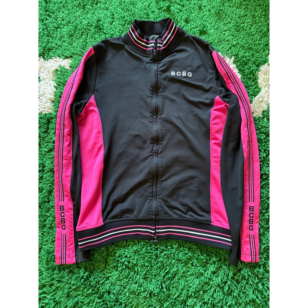BCBG Track Jacket Womens Small Black Pink‎ Good Zip Up Logo Striped Athletic
